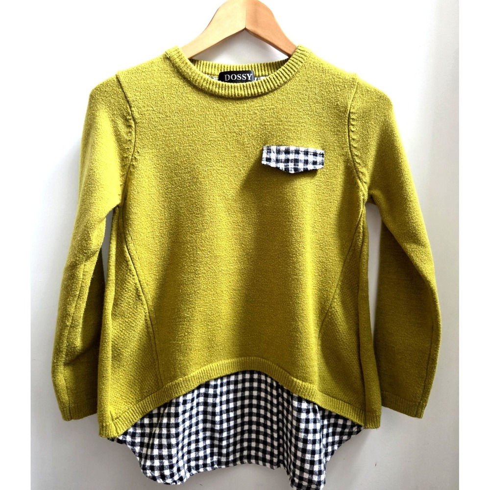 DOSSY Sweater S Green Flannel Gingham Layered Split Back Wool Blend